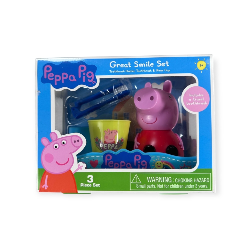 Peppa Pig Great Smile Set Toothbrush Holder Toothbrush Rinse Cup 3 Piece Set NEW